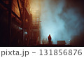 lone industrial worker in safety gear walks through foggy environment, surrounded by machinery and structures. atmosphere is mysterious and dramatic, highlighting worker role 131856876