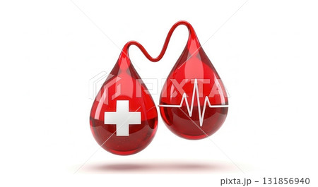 Stylized red blood drops with medical cross and heartbeat symbol, representing health and donation Stylized red blood drops with medical cross and heartbeat symbol, representing health and donation 131856940