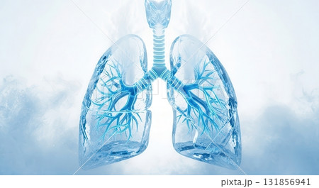 Crystalline ice human lungs with glowing blue bronchial tubes for respiratory health concept 131856941