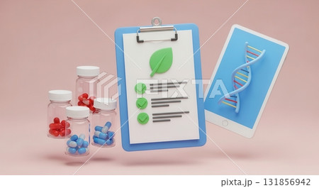 Pharmaceutical research and natural medicine concept with pills, clipboard, and DNA on tablet screen 131856942