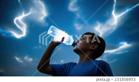 Young boy drinking from a glowing water bottle under a dramatic sky with lightning 131856953