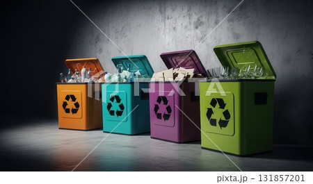 Colorful recycling bins for plastic, cardboard, and glass waste segregation Colorful recycling bins for plastic, cardboard, and glass waste segregation 131857201