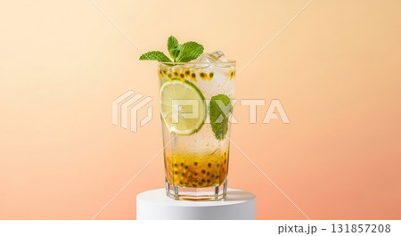 Refreshing sparkling passionfruit and lime soda with ice cubes and fresh mint on a white pedestal Refreshing sparkling passionfruit and lime soda with ice cubes and fresh mint on a white pedestal 131857208
