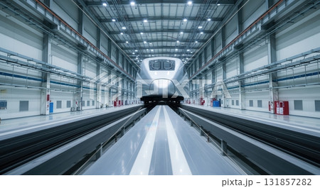 Futuristic silver high speed maglev train prototype on test track in modern facility 131857282