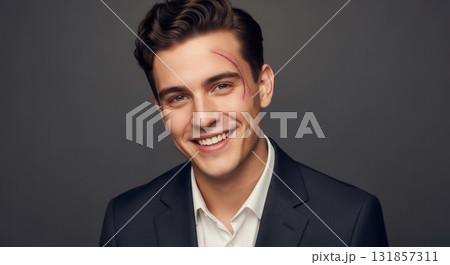 Confident young man with a prominent facial scar smiling, embodying resilience, strength, and individuality 131857311