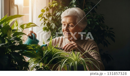 Elderly woman watering and pruning lush indoor plants with care by a window 131857328