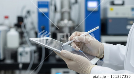 Professional scientist in lab coat and gloves analyzing data on a digital tablet with stylus. 131857359