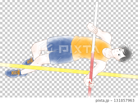 男孩撐竿跳的水彩插圖 男孩撐竿跳的水彩插圖 131857963