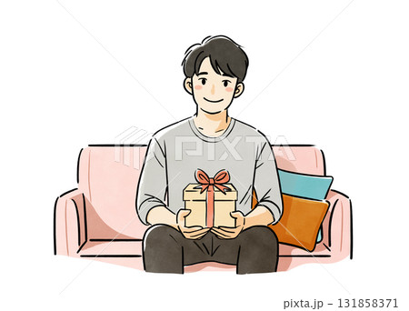 ソファに座ってプレゼントを受け取る男性のイラスト 131858371