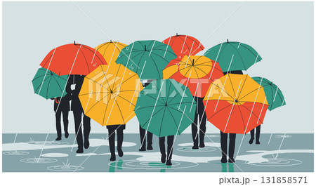 People Walking in Rain with Colorful Umbrellas 131858571