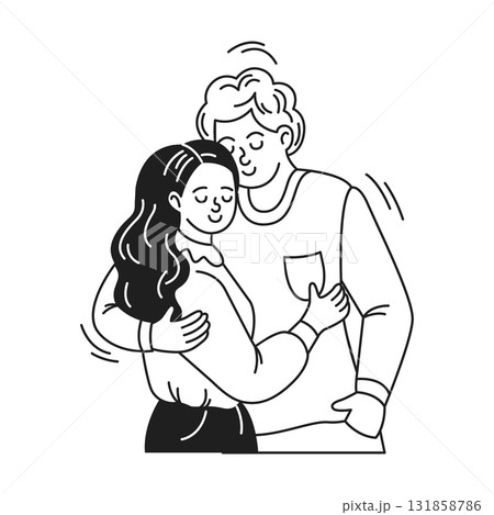 Black and White Illustration of Embracing Couple Black and White Illustration of Embracing Couple 131858786