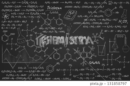 Chalkboard with Chemical Formulas and Diagrams Chalkboard with Chemical Formulas and Diagrams 131858797