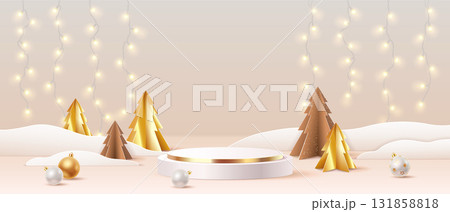 Festive Winter Scene with Decorative Trees and Ornaments 131858818