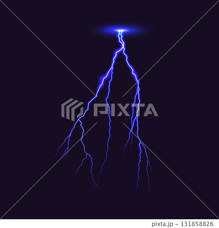 Striking Blue Lightning Bolt Against Dark Sky 131858826