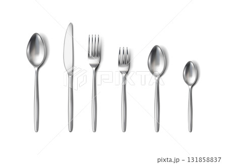 Set of stainless steel cutlery on white backdrop 131858837