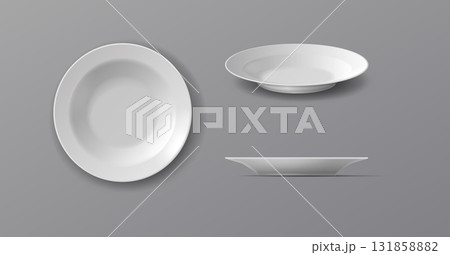 Realistic White Plates on Grey Background Realistic White Plates on Grey Background 131858882