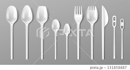 White Plastic Cutlery Set on Transparent Background White Plastic Cutlery Set on Transparent Background 131858887