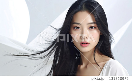 清潔感と儚さを兼ね備えた若い女性の美しい髪をなびかせる顔が漂わせる幻想的な雰囲気「AI生成画像」 131858973