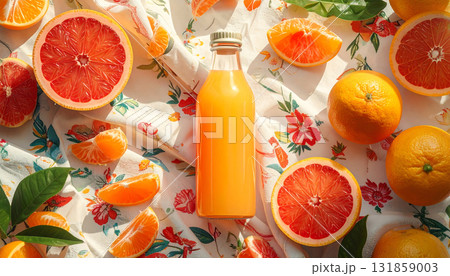 グレープフルーツとみかんの瑞々しい彩りと調和する新鮮ジュースの一瓶「AI生成画像」 131859003