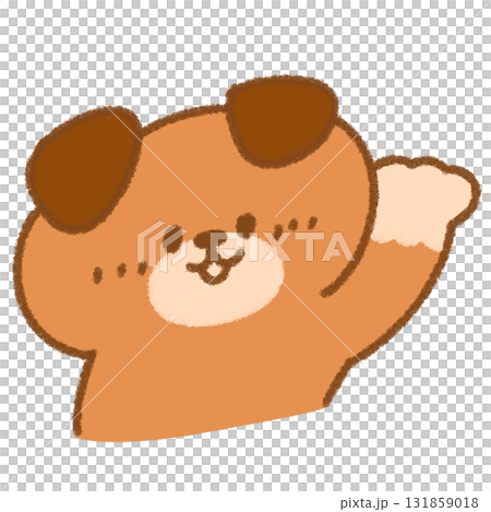 Illustration of a cute, droopy-eared dog raising its left paw in a greeting Illustration of a cute, droopy-eared dog raising its left paw in a greeting 131859018