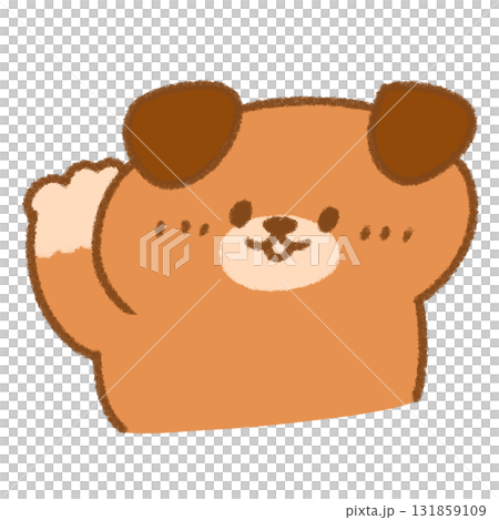 Illustration of a cute, droopy-eared dog raising its right paw in a greeting Illustration of a cute, droopy-eared dog raising its right paw in a greeting 131859109