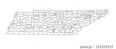 State of Tennessee, subdivided into 95 counties, outline map with borders and county names. Landlocked state in the Southeastern region of the United States, nicknamed The Volunteer State. Vector 131859337