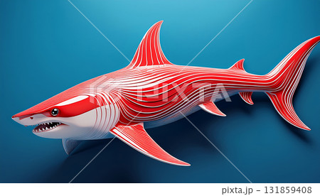 現代的なデザインで表現された赤白カラーの3Dサメ造形「AI生成画像」 131859408