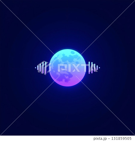 A digitally stylized image features a moon-like sphere in the center, glowing with a gradient of blue and purple hues. Flanking the sphere on each side are symmetrical soundwave-like patterns, adding  131859505