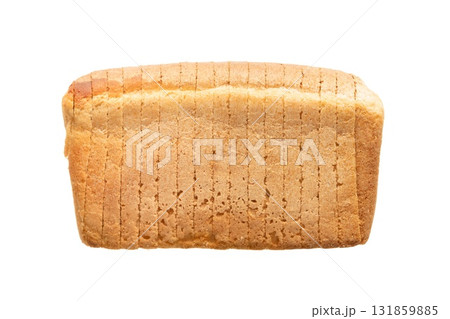 Freshly sliced bread is displayed against a white background, showcasing its texture and layers. Ideal for design needs, cooking inspirations, and bakery advertisements. 131859885