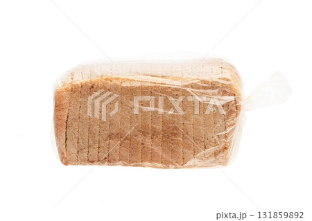 Sliced bread sits inside clear plastic packaging, showcasing its uniform slices and fresh appearance, ideal for culinary presentations, recipes, or bakery advertisements. Sliced bread sits inside clear plastic packaging, showcasing its uniform slices and fresh appearance, ideal for culinary presentations, recipes, or bakery advertisements. 131859892