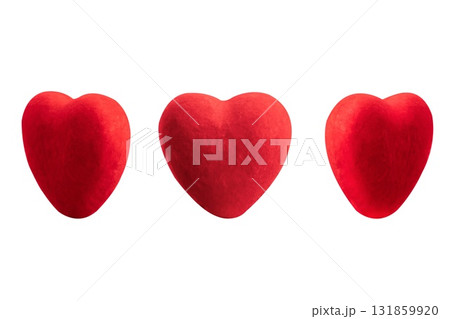 Red suede heart in three proportions - isolates on a white background. A symbol of love and gifts for Valentine's day and Christmas. Red suede heart in three proportions - isolates on a white background. A symbol of love and gifts for Valentine's day and Christmas. 131859920