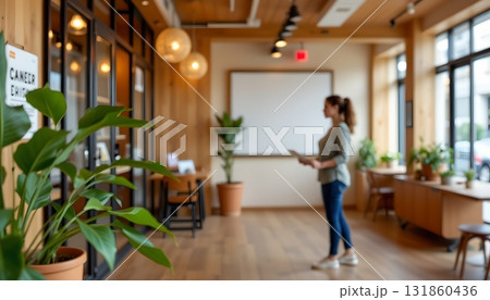 An interior space of a contemporary  or co working environment with a clean and bright ambiance 131860436