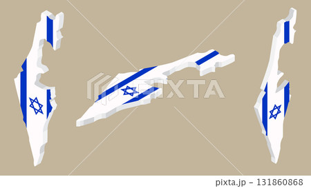 3D isometric illustration map of Israel is shown with the national flag as a cover. The illustration includes isometric views from the top, left, and right. 131860868