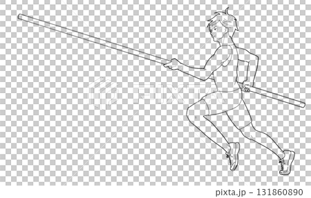 一名男子在撐竿跳高比賽中助跑的黑白插圖 一名男子在撐竿跳高比賽中助跑的黑白插圖 131860890