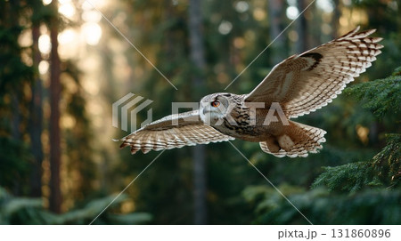 Wild brown owl frozen midflight through sunlit dense forest canopy with outstretched wings 131860896