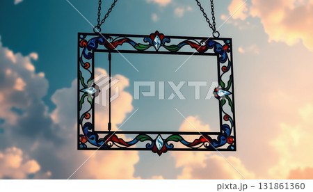 Artful stained glass photo frame suspended in dreamlike, fantastical setting 131861360