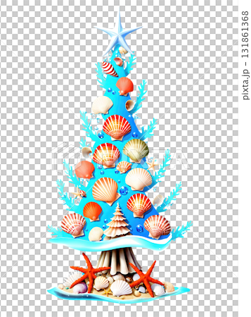 Underwater Christmas Tree, adorned with seashells and coral, isolated on a transparent background. 131861368