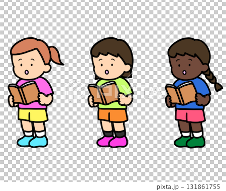 本を読む(立ち)ミックス女の子 3人 本を読む(立ち)ミックス女の子 3人 131861755