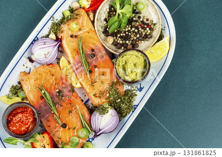 Uncooked salmon fillet. Uncooked salmon fillet. 131861825