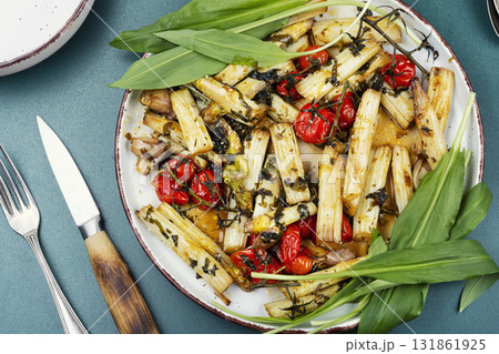 Tasty grilled white asparagus. Tasty grilled white asparagus. 131861925