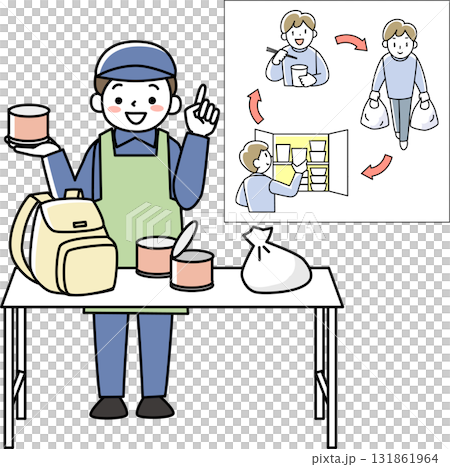災害時の食料について説明する消防団員 131861964