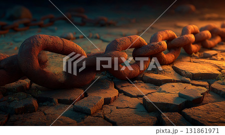 ひび割れた大地と錆びた鎖・時間に埋もれた鉄の象徴・荒廃と記憶の風景 ひび割れた大地と錆びた鎖・時間に埋もれた鉄の象徴・荒廃と記憶の風景 131861971