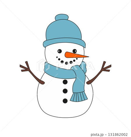 Cute cartoon snowman with blue hat and scarf. Cute cartoon snowman with blue hat and scarf. 131862002