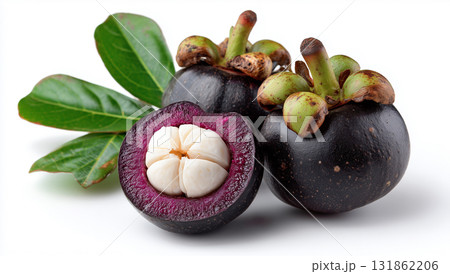 Fresh mangosteen fruit cut open on a white background 131862206