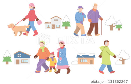 冬に外出する人物達イラストセット 131862267