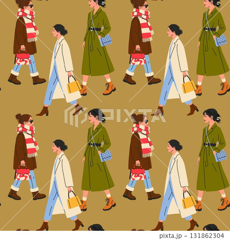 Seamless Pattern of Fashionable Women in Winter Street Style 131862304