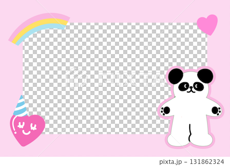 Cute rectangle pastel pink frame with panda, rainbow, hearts for decoration, polaroid photo, template, social media post, poster, book cover, sticky note, school name card, animal print, zoo 131862324