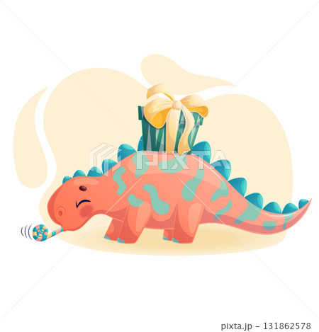 Cute dinosaur with a gift box on its back. An adorable prehistoric animal celebrates its birthday. Isolated vector illustration for design, prints and patterns 131862578