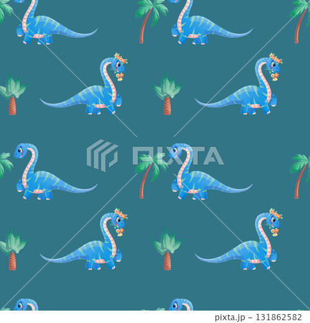 Seamless pattern with dinosaurs and palm trees on a blue background. Vector illustration for the design of postcards, clothing, textiles, banners, posters 131862582