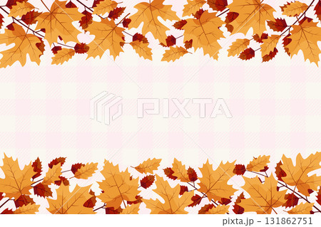 fall leaves background border with pink plaid pattern seasonal elements autumn theme flat design vector illustration 131862751